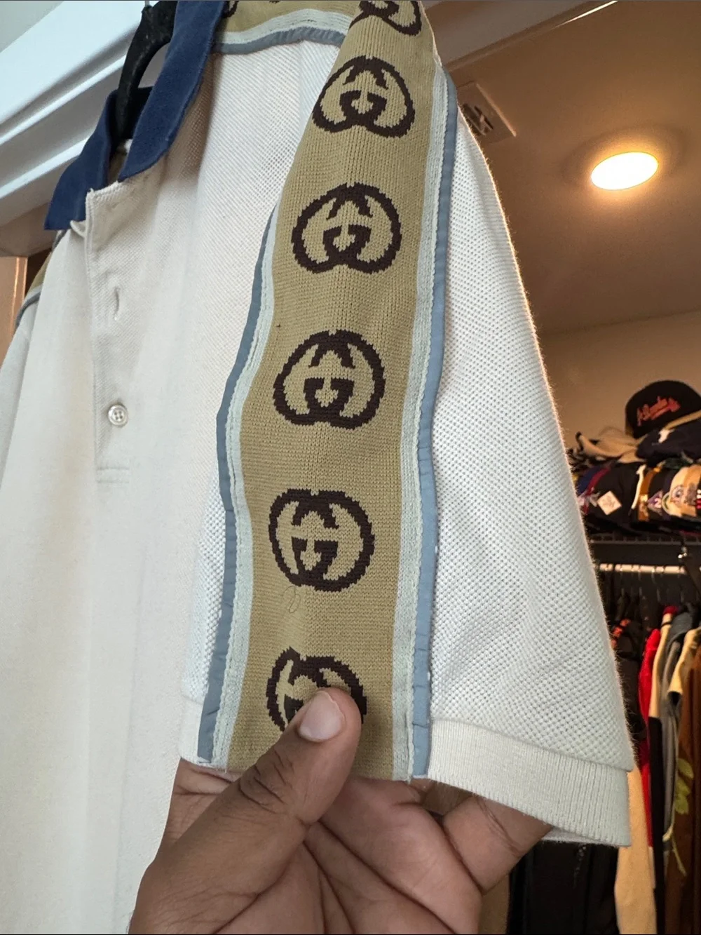 Gucci Pale Blue Polo with Navy Contrast Collar and Logo Tape
